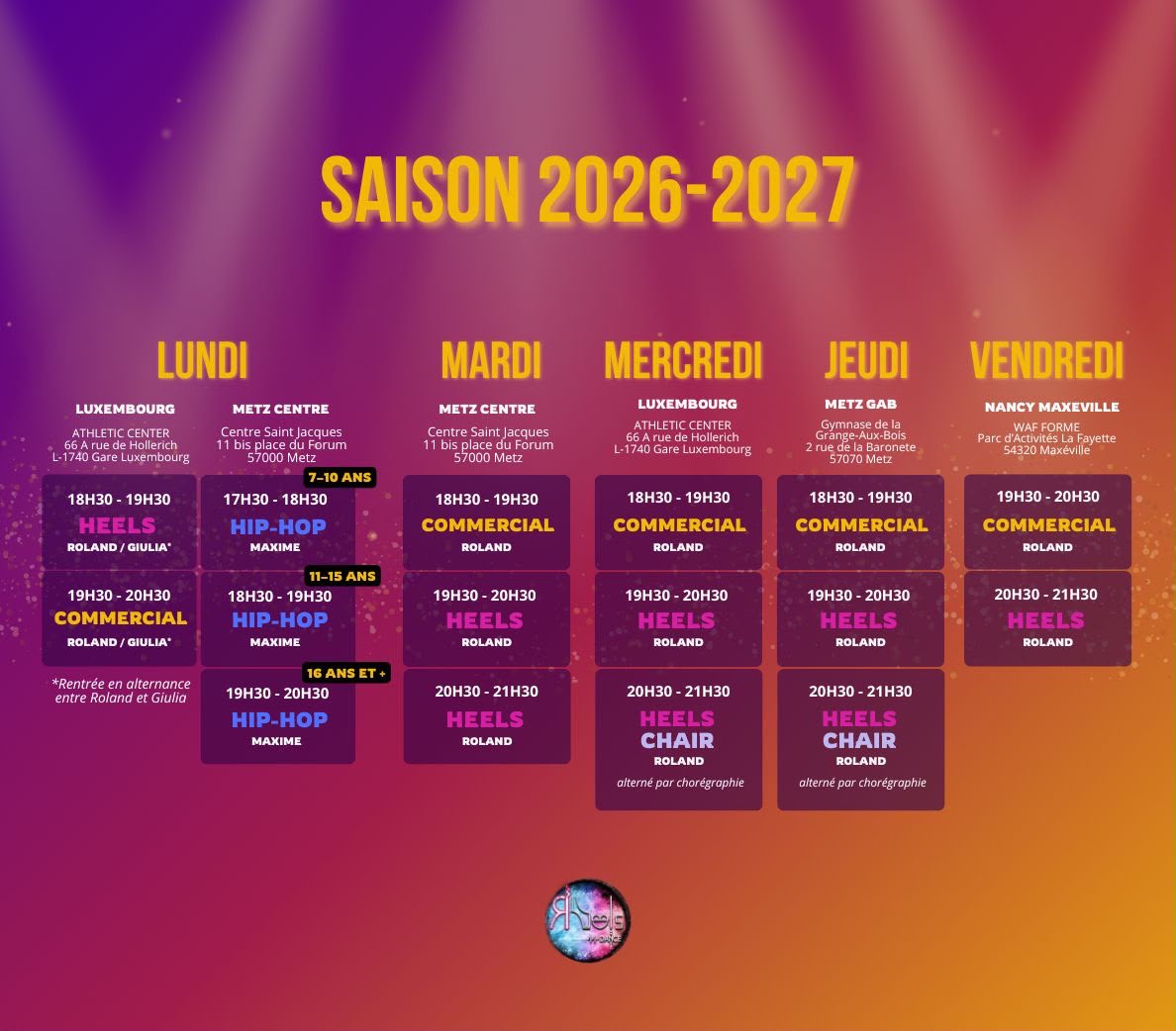 Planning officiel R Heels Dance 2026-2027